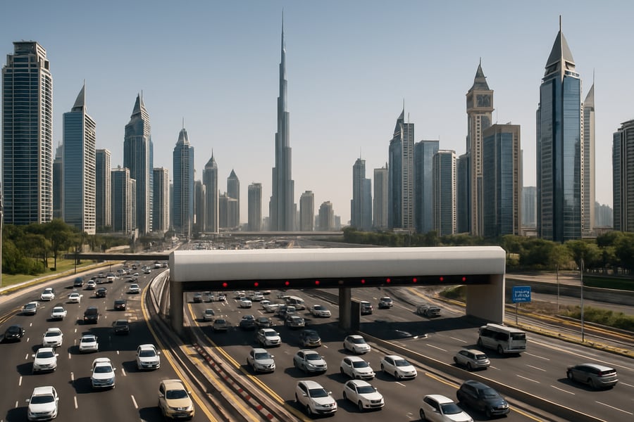 Dubai city skyline with a busy highway and toll gate