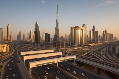 Dubai skyline with highway and toll gates